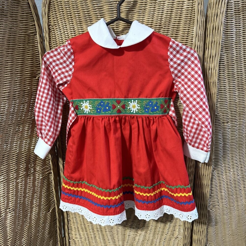 Vintage Girls Dress Ric Rac Gingham Red Embroidered Band Swiss Style Youngland